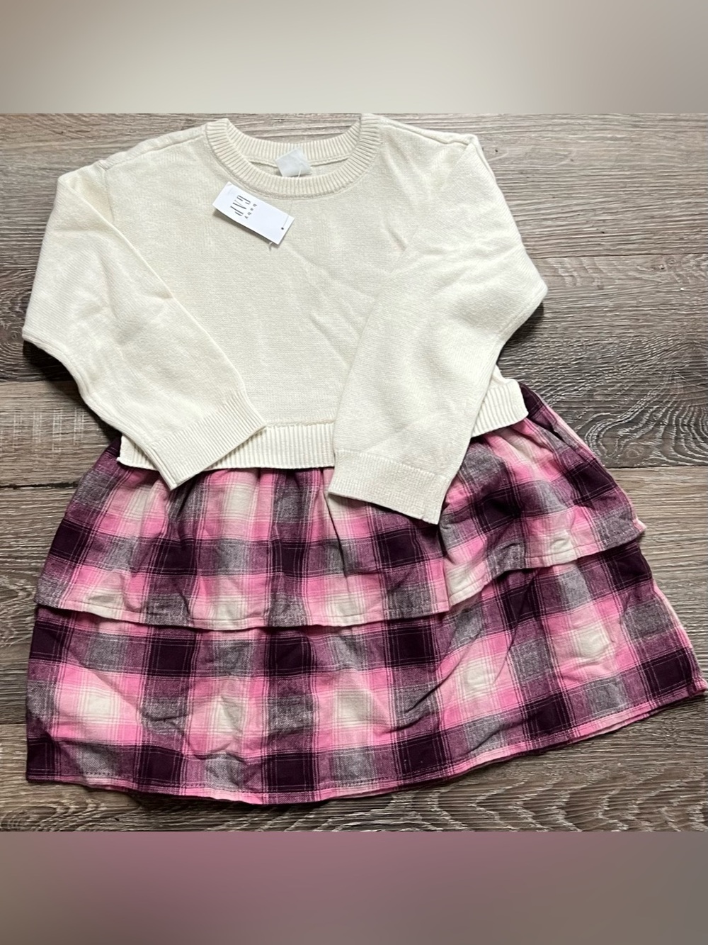 NWT Baby Gap Toddler 2-in-1 Sweater Dress Ivory Pink Plaid Sz 4 Years Toddler